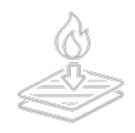 Line icon of a flame over stacked fabric layers indicating heat lamination.